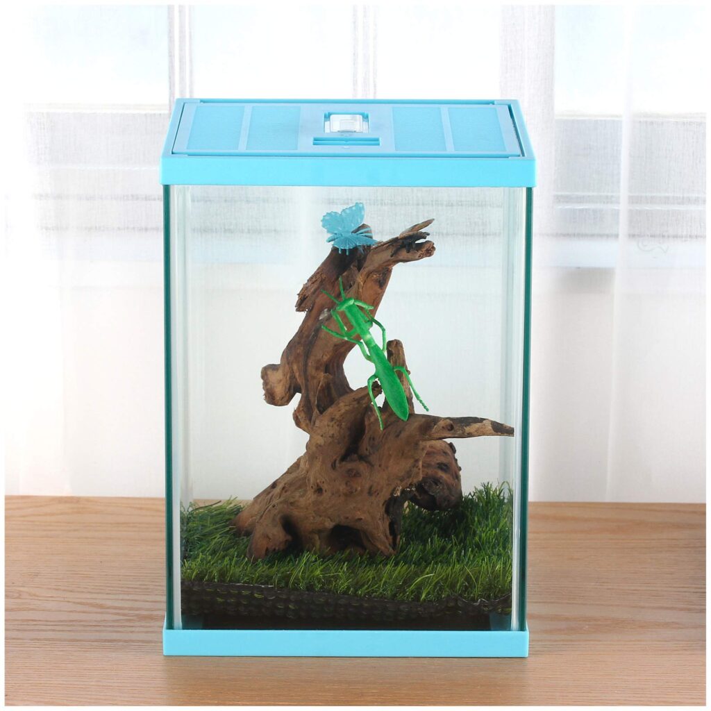 An insect enclosure with a blue lid. It has a green mantis plastic toy and light blue plastic butterfly toy.