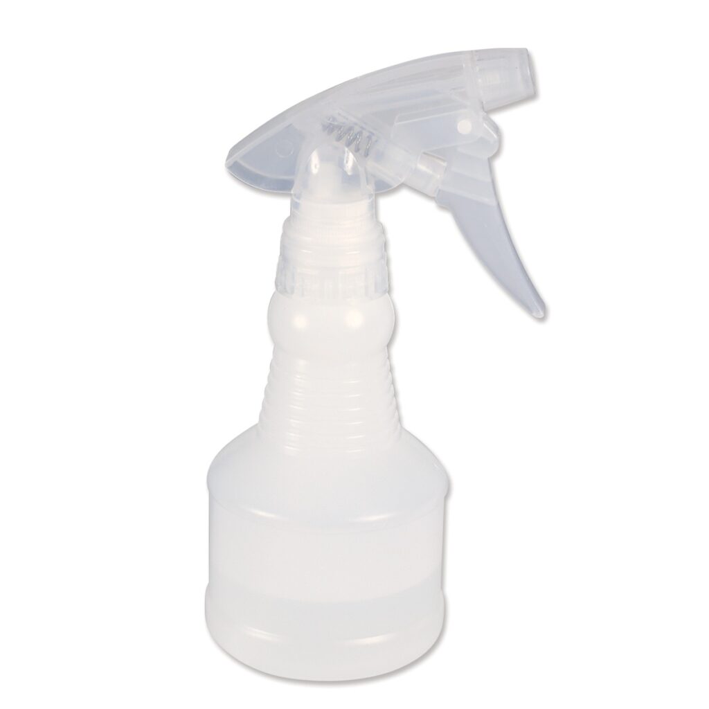 A small, clear, handheld empty spray bottle.