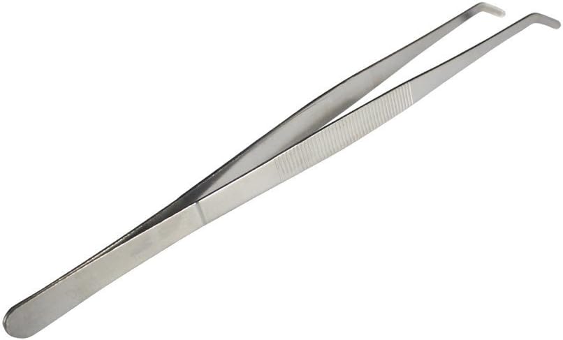 A grey stainless steel tweezer.